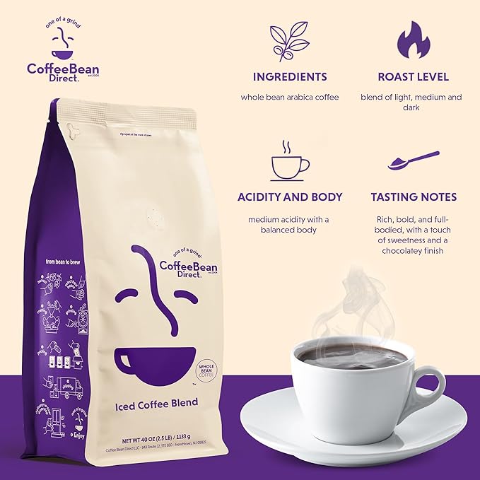 Coffee Bean Direct Iced Coffee Blend, Whole Bean Coffee, Mixed Roast Level, 2.5 Pound Bag (Pack of 1)