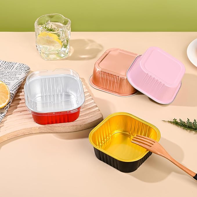 Mini Cake Pans With Lids (10oz,40 Pack) 4”x4” Aluminum Foil Square Cupcake Liners Brownie Baking Cups, Disposable Large Cupcake Pan, Jumbo Muffin Tin Ramekins