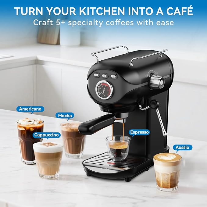 Espresso Machine, 20 BAR Pump Temperature Control, Compact Espresso Maker with Steam Milk Frother, Professional Coffee Makers for Home, Cappuccino, Latte, Gifts for Coffee Lover, Black