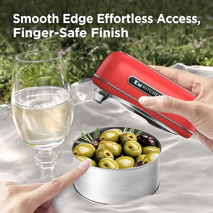 Kitchen Mama Orbit One Rechargeable Electric Can Opener: Hands-free, USB-C Charging, Automatic Stop, Smooth Edge, Safety, Blade for Large Cans, Heavy Duty, Soda Can and Pop Can, with Storage Box (Red)
