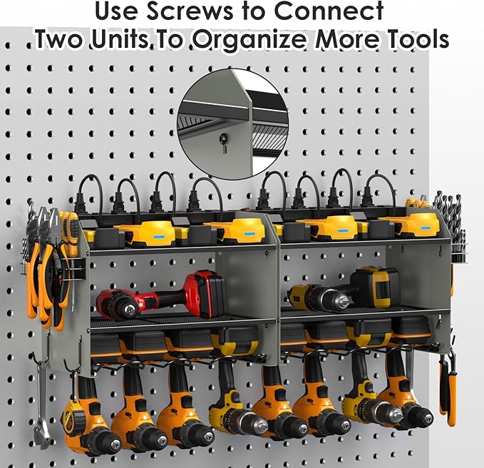 CCCEI Modular Power Tool Organizer Wall Mount with Charging Station. Garage Drill Storage Shelf with Hooks, Heavy Duty Rack, Tool Battery Holder Built in 8 Outlet. Gift for Men. Grey, 2 Pack.