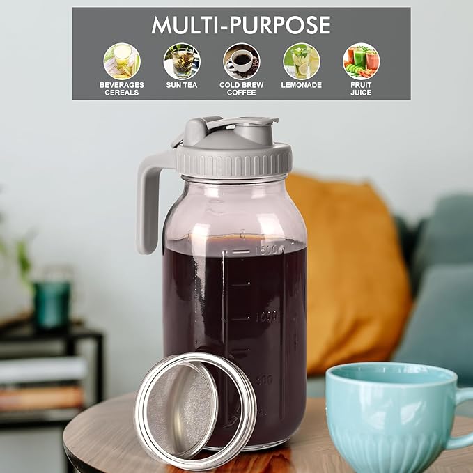 Cold Brew Mason Jar iced Coffee Maker, Durable Glass, - 64 oz (2 Quart / 1.9 Liter), With Handle& Stainless Steel Filter for Iced Brew Coffee, Lemonade, Ice Tea, Homemade Fruit Drinks Container