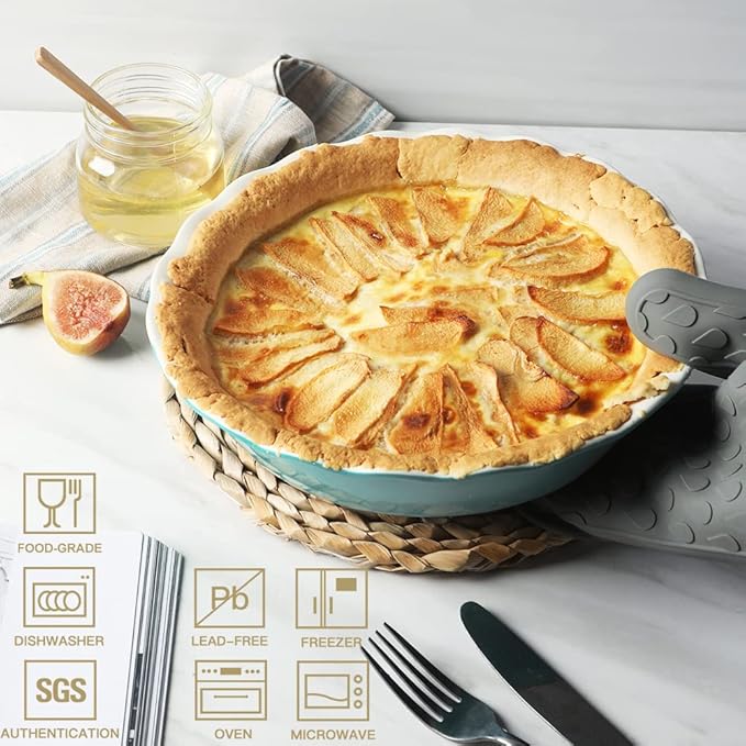 Sweejar Ceramic Pie Pan - 10 Inch Round Baking Dish for Dinner, Non-Stick with Soft Wave Edge for Apple, Pumpkin and Pot Pies (White)