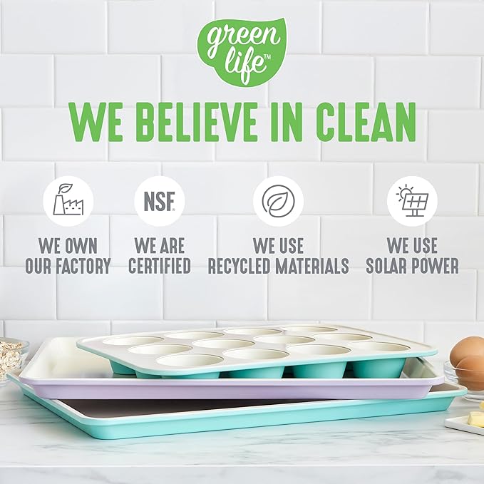 GreenLife 12-Cup Muffin Pan, Healthy Ceramic Nonstick Bakeware, PFOA & PFAS-Free Cupcake Sheet, Durable Baking Tray, Versatile Kitchen Essentials, Easy Clean Muffin Mold, Nonstick Baking Pan, Gray