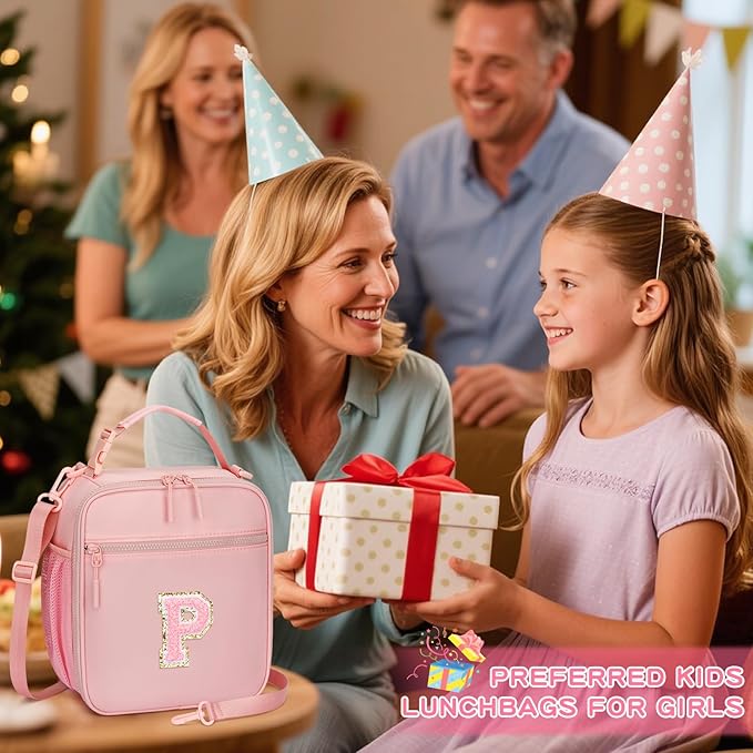 Initial Insulated Lunch Bag for Girls Kids, Back to School Gift, Reusable Leak-proof Lunch Box with Adjustable Strap for School Daycare Travel Picnic (Pink,P)