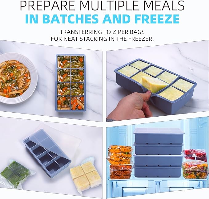 1/2 Cup Silicone Freezer Tray With Lid - Silicone Freezer Molds 4-Pack For meal prep & freezing of various sauces and other dishes, makes 32 perfect 1/2 cup portions cubes (Blue 4 Pack)
