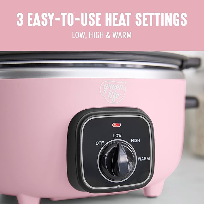 GreenLife 3.5QT Slow Cooker, Non-Toxic PFAS-Free Ceramic Nonstick Removable Interior Bowl, Programmable, Keep Warm, Stovetop & Oven Safe, Dishwasher Safe Parts, Glass Lid, Pink