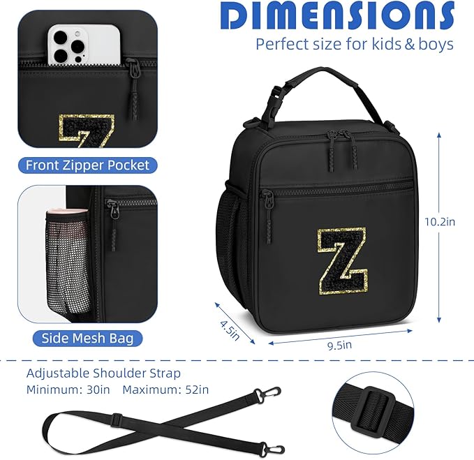 Initial Insulated Lunch Bag for Boys Kids, Back to School Gift, Reusable Leak-proof Lunch Box with Adjustable Strap for School Daycare Travel Picnic（Black，Z）