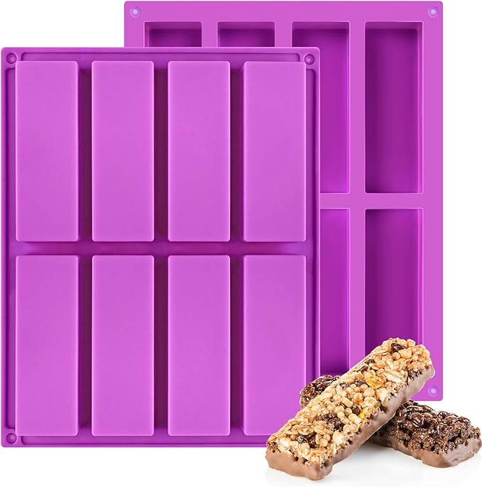 8-Cavity Silicone Candy Bar Molds, 2 Pcs Granola Bar Molds Rectangle Chocolate Mold for Baking Protein Energy Bar, Dubai Chocolate Bar, Brownie