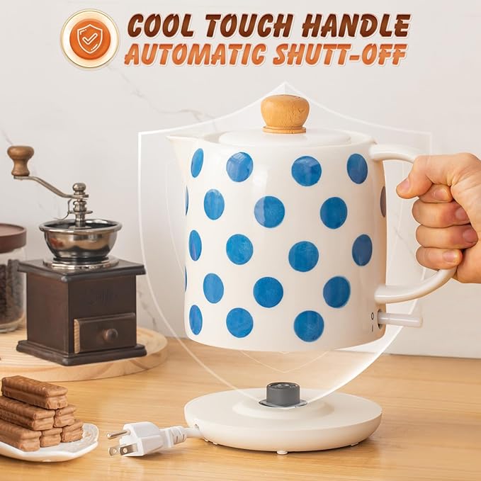 1.0-Liter Ceramic Electric Kettle, 1000W Rapid Boil, Tea Kettles Pot & Hot Water Boiler For Coffee & Tea, Teapot Auto Shut-Off, Boil-Dry Protection