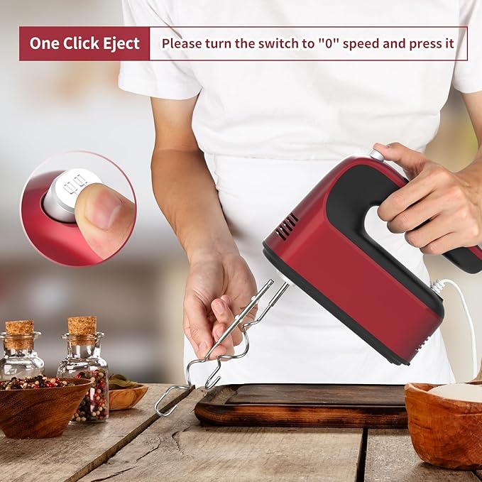 9-Speed Digital Hand Mixer Electric, 400W DC Motor, Hand Mixer electric Handheld with Snap-On Storage Case, Touch Button, Turbo Boost, 5x Stainless Steel Accessories (Red)