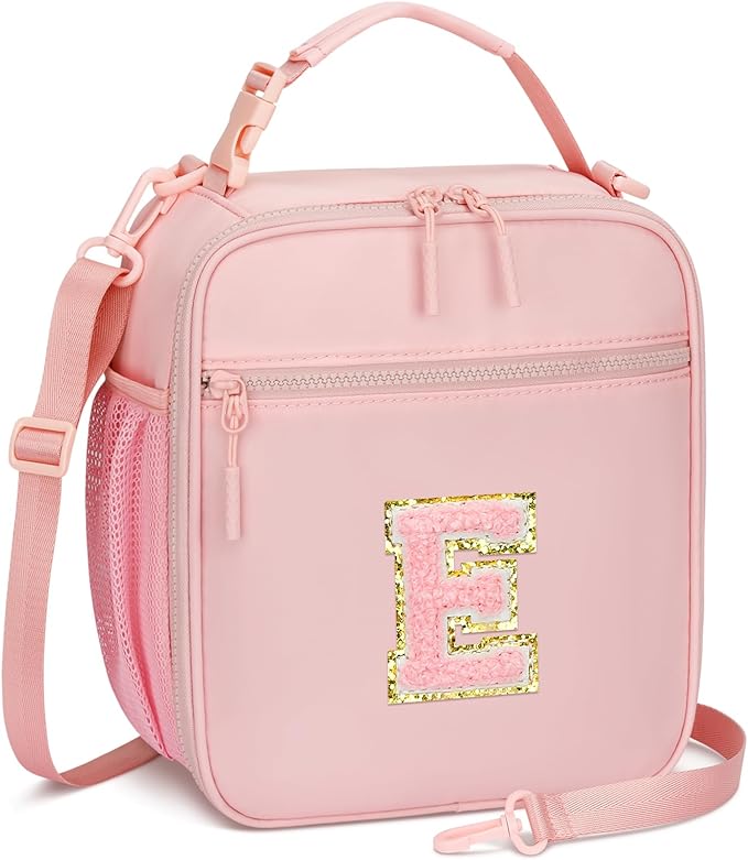 Initial Insulated Lunch Bag for Girls Kids, Back to School Gift, Reusable Leak-proof Lunch Box with Adjustable Strap for School Daycare Travel Picnic (Pink,E)