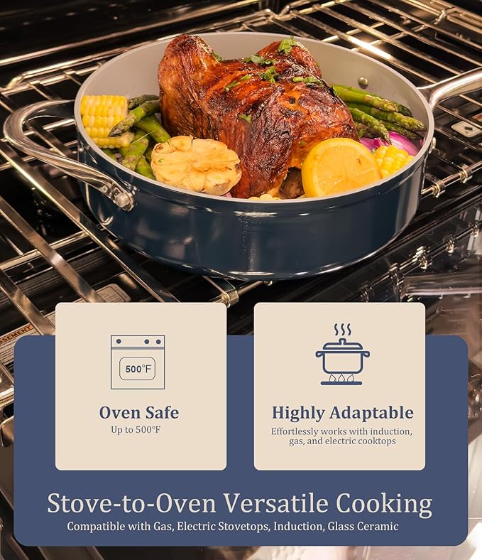 Stock Pot 4.5QT Nonstick Ceramic Dutch Oven with Lid (9.5") Non-Toxic PFAS-Free Even Heat Distribution, for Braising, Baking Bread & Soups, Compatible for All Cooktops(Induction/Gas/Electric) Oven Safe to 500°F, Navy Blue