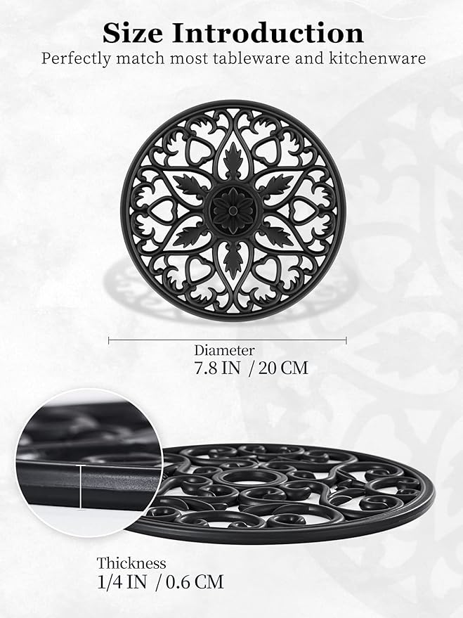 SMARTAKE 6 Set Silicone Trivet Mats, Multi-Use Intricately Carved Coasters, Insulated Non-Slip Durable Kitchen Mats, Flexible Modern Kitchen Table Mat, for Hot Dishes, Pots, Countertop (Black)