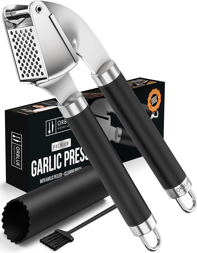 ORBLUE Garlic Press Stainless Steel - Premium Professional Grade Garlic Mincer, Crusher & Peeler Set - Easy Clean, Dishwasher Safe & Rust-proof, Black