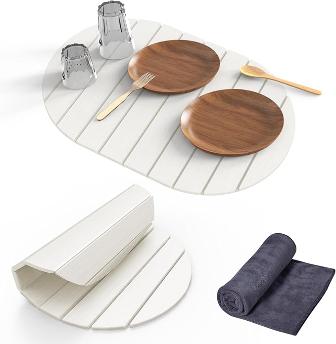 Stone Dish Drying Mat for Kitchen Counter,24"(L)×16"(W) Collapsible Fast-Drying Diatomaceous Earth Mats with Towel Sanding Tool,Versatile Stone Drying Mats for Cups Dishes Bottles