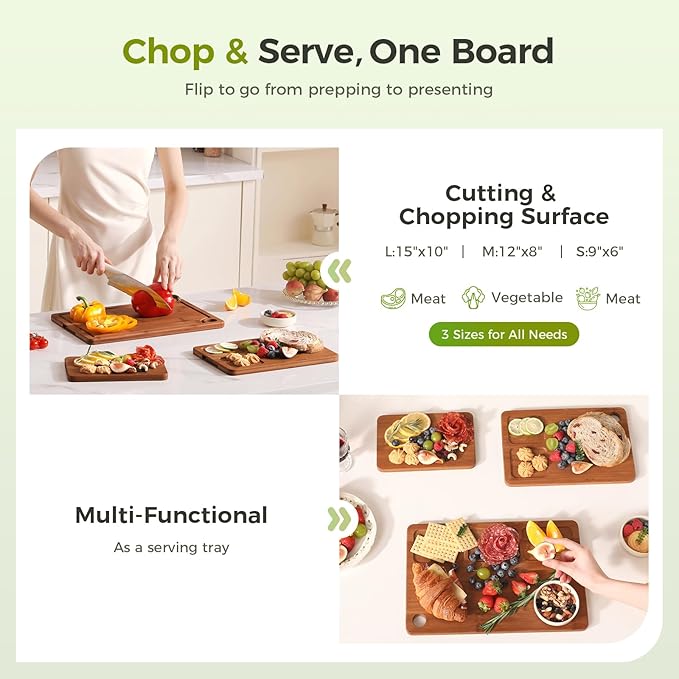 Bamboo Cutting Board for Kitchen, Wooden Cutting Board 3-Piece Set with Non-Slip Mat Deep Juice Groove and Built-In Handles, Wood Cutting Board for Meat Vegetables Fruit Ideal Gift for the Home