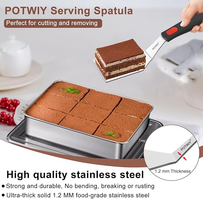 Stainless Steel Spatula Set, 2 Pack Small Metal Spatulas for Kitchen Use, Solid and Slotted Turner with Silicone Handle, Spatula for Cast Iron Skillet Cooking, Cookie and Brownie Serving