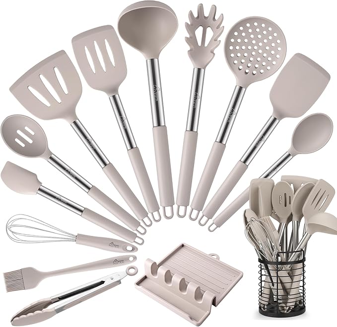 HOTEC 446°F Heat Resistant Silicone Kitchen Utensils, Cooking Utensil Set, Spatula Set, BPA Free, Kitchen Gadgets, With Stainless Steel Utensils Holder, Dishwasher Safe 14pcs Khaki