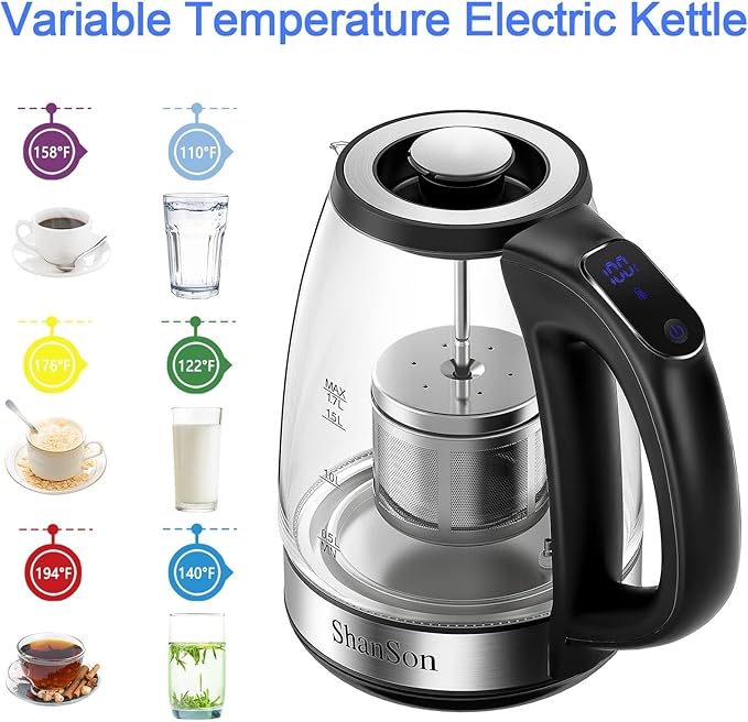 ShanSon Electric Kettle with Tea Infuser 1.7L Temperature Control Glass Electric Tea Kettle 1500W Fast Heating Water Boiler BPA Free Electric Teapot with 7 Presets Auto-Off & Boil-Dry Protection