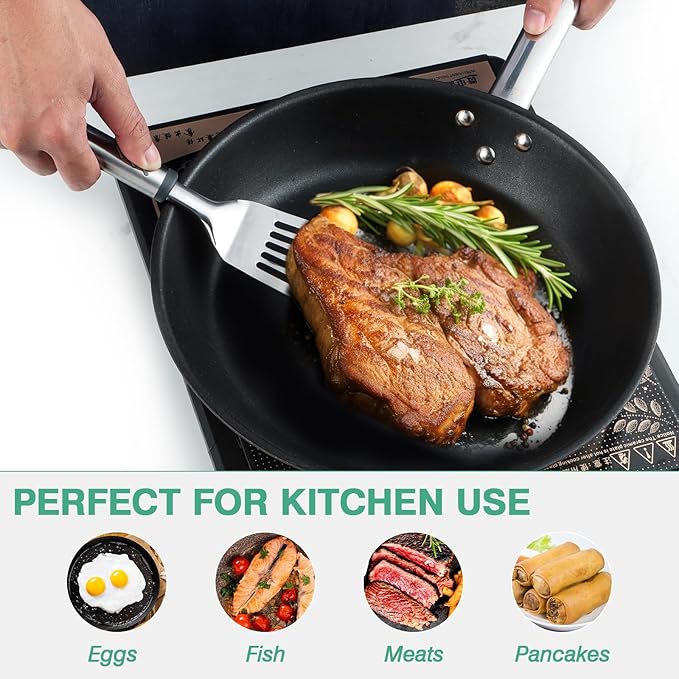 Fish Spatula, Stainless Steel Fish Turner Slotted Metal Spatula for Kitchen Use, Flipper Spatulas for Cast Iron Skillet, Egg, Meat, Cooking and Frying, Dishwasher Safe, Comfortable Handle