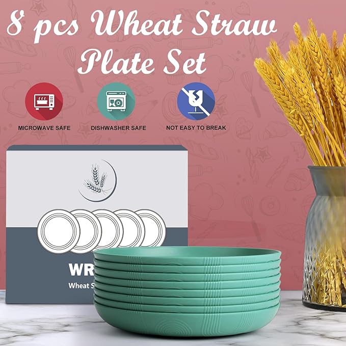 Wrova Wheat Straw Plates - 9 Inch Unbreakable Dinner Plates Set of 8 - Dishwasher & Microwave Safe Plastic Plates Reusable for Kitchen and Camping (Green)