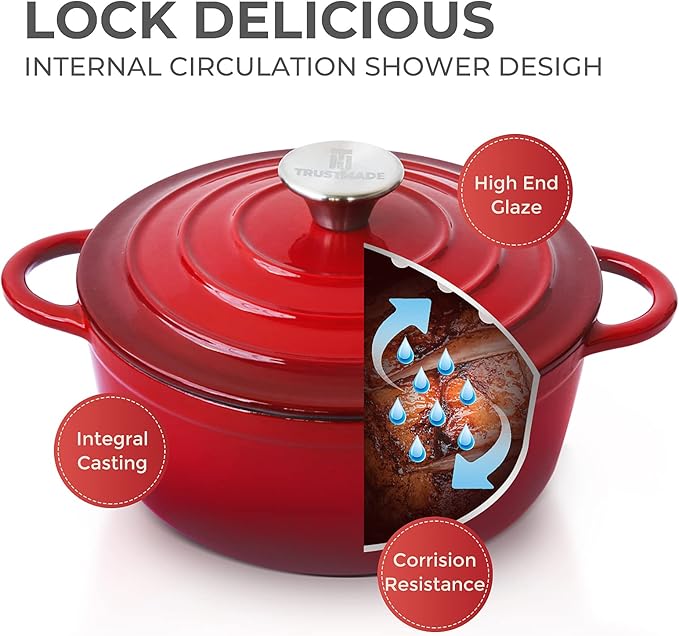 Trustmade 3 QT Cast Iron Dutch Oven, Enamel Coated Cookware Pot with Self Basting Lid for Home Baking, Braiser, Cooking, Red