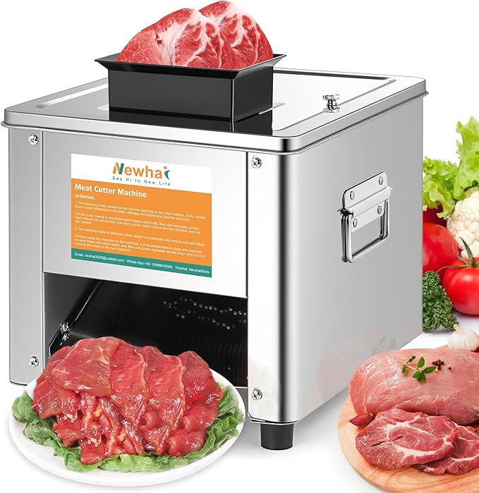 Newhai 850W Meat Cutter Cutting Machine 15mm Electric Meat Slicer Shredded Machine Stainless Steel 330lb/h for Boneless Pork Chicken Fish for Family Commercial Use (Meat thickness: 15mm/0.6inch)