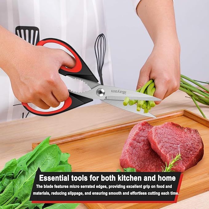 iBayam Kitchen Scissors All Purpose Heavy Duty, Kitchen Utensils Set, Stainless Steel Cooking Utensils Gadgets, Meat Poultry Food Shears Dishwasher Safe Utility Tools Home Gift, with Protective Sheath