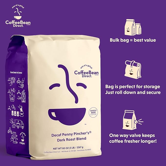 Coffee Bean Direct Decaf Penny Pincher's® Dark Roast Blend, Whole Bean Coffee, Dark Roast, 5 Pound Bag (Pack of 1)