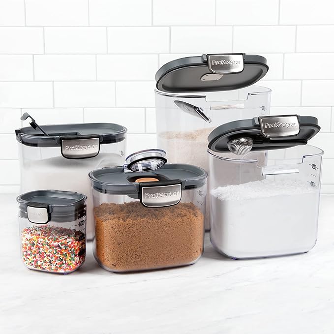 ProKeeper+ 9-Piece Airtight Food Storage Container Set – Clear Plastic Flour and Sugar Canister Set with Magnetic Accessories for Kitchen Organization (Grey, 9-Piece)