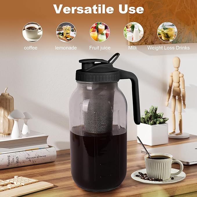 Cold Brew Coffee Maker,64 oz Mason Jar Pitcher with Stainless Steel Filter, Pour Spout Handle Lid, Heavy Duty Glass Airtight & Leak-Proof Pitcher for iced coffee Tea Lemonade