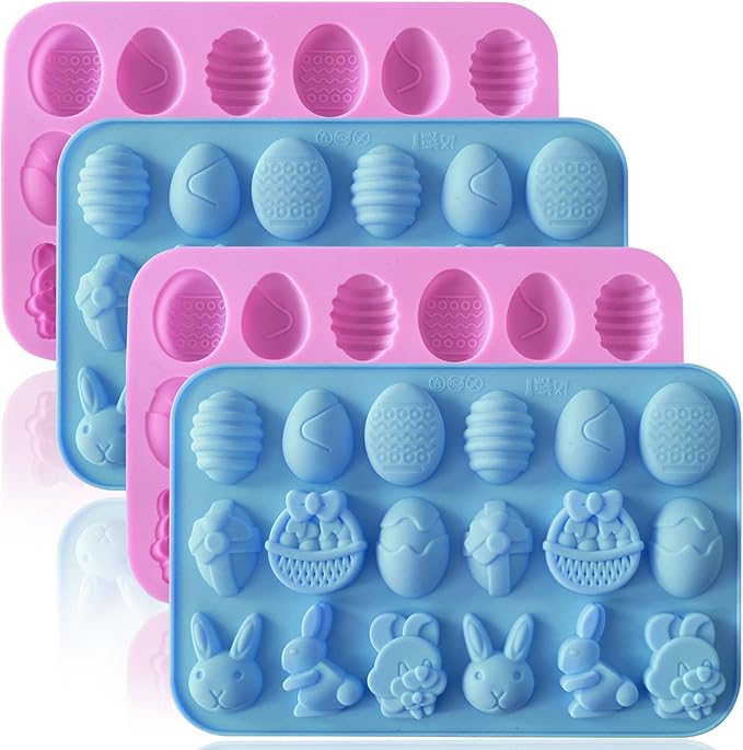 HKNMTT Easter Silicone Candy Mold 4-PACK 9 Shaped Egg Rabbit 72 Cavities Chocolate Mould Wax Melt Tray for Gummies Cupcake Decor Kids Holiday Gift Fudge Making Set