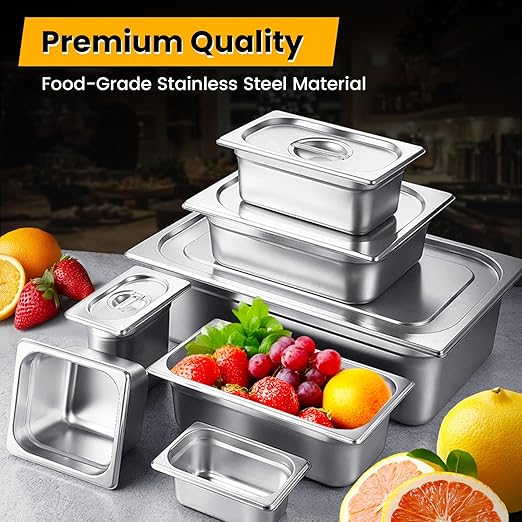 1/4 Hotel Pans 4 Inch Deep Stainless Steel Food Pan - Anti-Jam 6 Pack Steam Table Pan Set for Catering, Buffet Use, Kitchen Prep