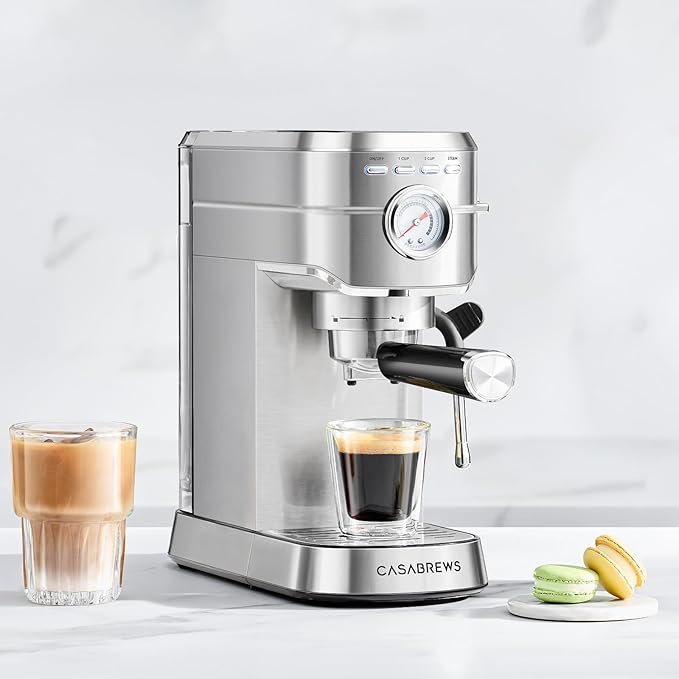 CASABREWS CM5418 Espresso Machine 20 Bar, Compact Espresso Maker with Steam Milk Frother, Stainless Steel Coffee Machine with 34oz Removable Water Tank for Cappuccino, Latte, Silver