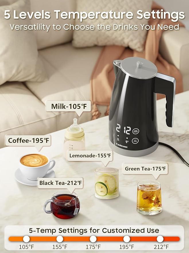 Electric Kettle with 5-Temperature Control,1.25L Cordless,Penguin Shape Design,1200W with Keep Warm and Auto Shut-Off,Perfect for Tea,Coffee & Kitchen(Dark Gray)