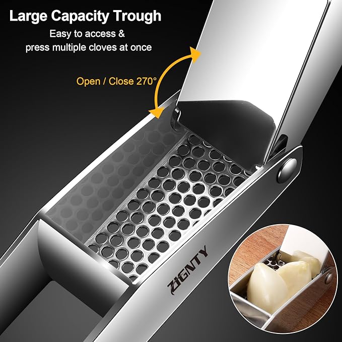 Garlic Press Stainless Steel，Professional Garlic Mincer Tool No Need to Peel，Dual Lever-Assisted Garlic Masher with Large Chamber，High Effective Garlic Crusher & Garlic Presser Dishwasher Safe