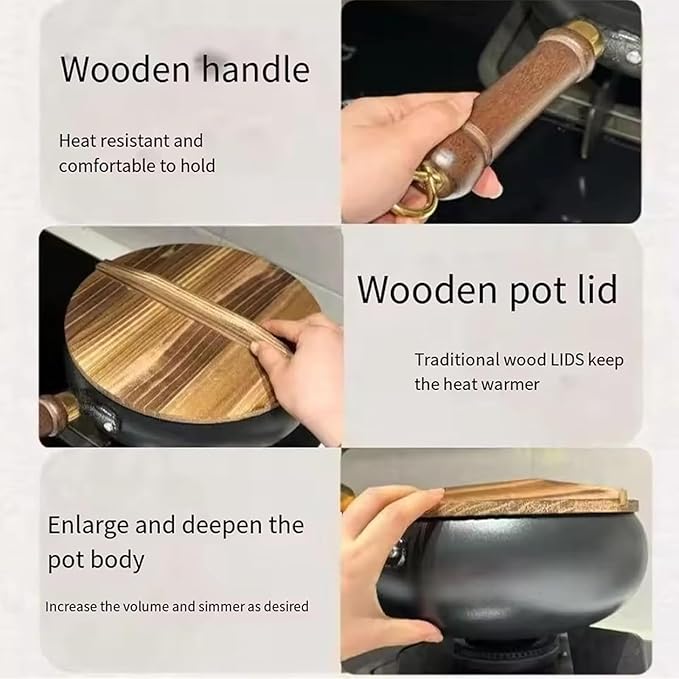 Jinswhdre Cast Iron Skillet, 9.5/11in Jinswhdre Japanese Irons Pan, Hand Forged Uncoated Iron Pan with Lid Spatula, Non-stick Wok for Cooker Gas Stir Fry Pans Durable and Rust-Free (Wooden Lid,11in)