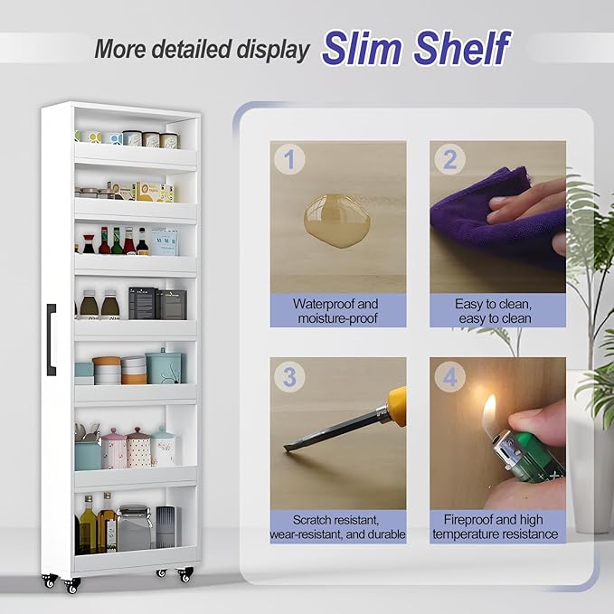 7-Tier Slim Storage Cart, Wooden Rolling Pantry Cabinet with Wheels, Narrow Shelf Organizer for Kitchen, Bakers Rack, Dining Room, Closet, Small Spaces Gray 47.2" H*9.8" W*23.6" D
