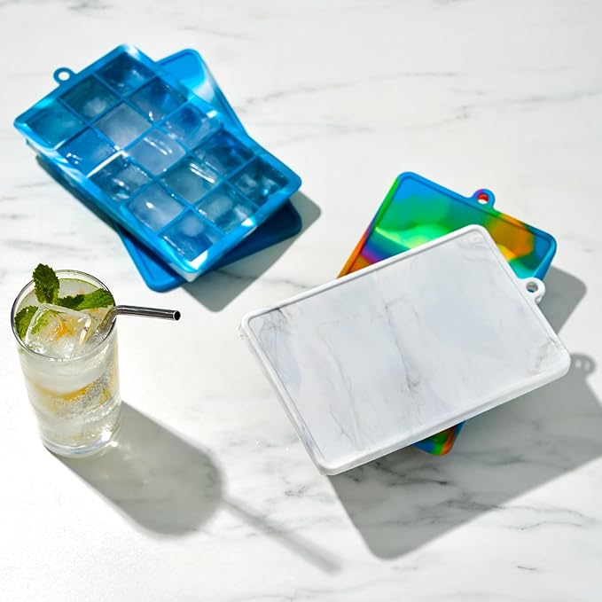 Host Ice Cube Tray with Lid, Makes 15 1.25" Cubes, Durable Silicone Trays, Perfect for Cocktails, Beverages, Mocktails, Iced Coffee, Tea, Infused Water, Kitchen Essentials, Set of 1, Colored Marble