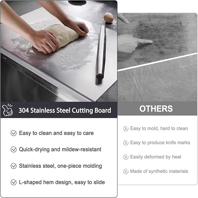 304 Stainless Steel Cutting Board – Stainless Steel Kitchen Chopping Boards Non-Slip, Dishwasher Safe – Ideal for Meat, Vegetables, Fruits, Bread & Baking – Commercial & Home Use (15.7 * 11.8in)