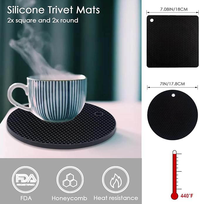 4 Pack Silicone Trivets for Hot Pots and Pans, Black Hot Pads Pot Holders, Non-Slip & Heat Resistant Silicone Mats for Kitchen Counter, Soft Durable Drying Mat, Jar Opener and Coasters, Black