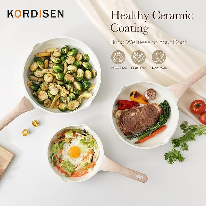 Kordisen Nonstick Ceramic Frying Pan with Lid, 12.5 Inch Ceramic Large Skillet with Lid, Healthy Non Toxic Cooking Pan, Stay-Cool Handle, Induction Compatible, PFOA & PFAS Free, White