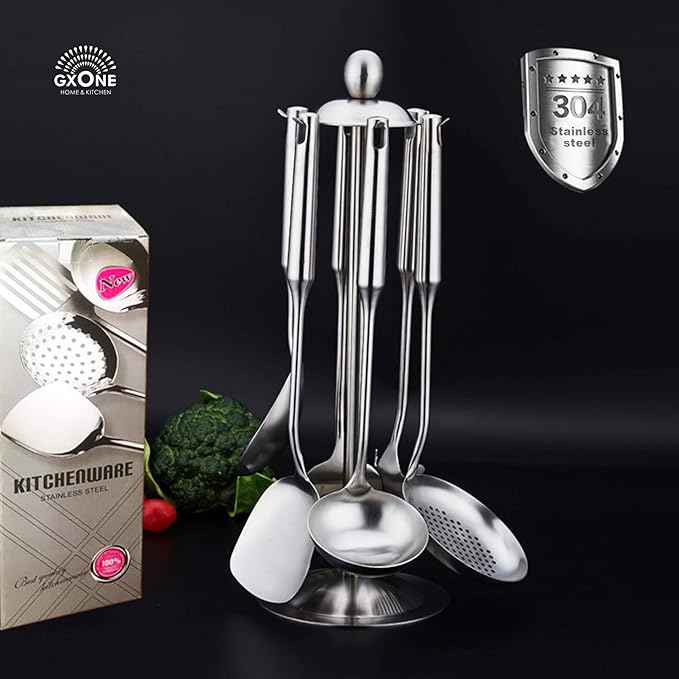 Kitchen Utensil Set – 6 Piece Stainless Steel Cooking Utensils with Rotating Holder Organizer Includes Slotted Spoon, Slotted Spatula, Large Spoon, Soup Ladle, Spatula, Pasta Server Silver/7PCS