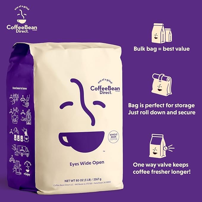 Coffee Bean Direct Eyes Wide Open, Whole Bean Coffee, Light Roast, 5 Pound Bag (Pack of 1)