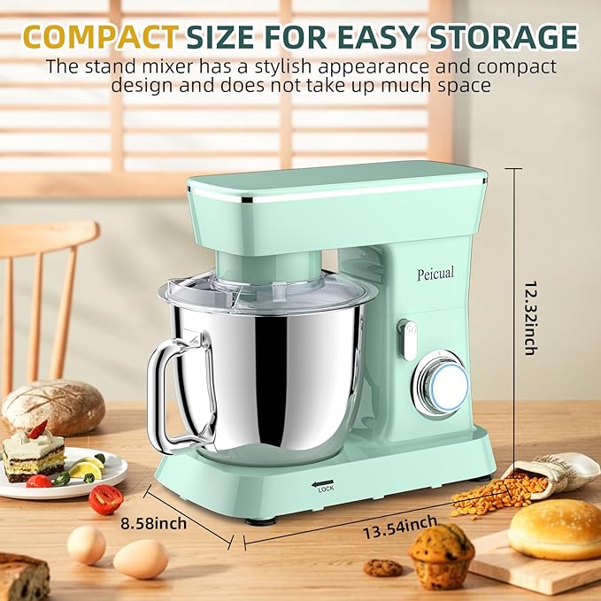 Stand Mixer, 6QT 10+P Speed Tilt-Head Kitchen Electric Mixer, Food Mixer with Stainless Steel Bowl, Dough Hook, Flat Beater, Wire Whisk, Splash Guard for Daily Use -Green