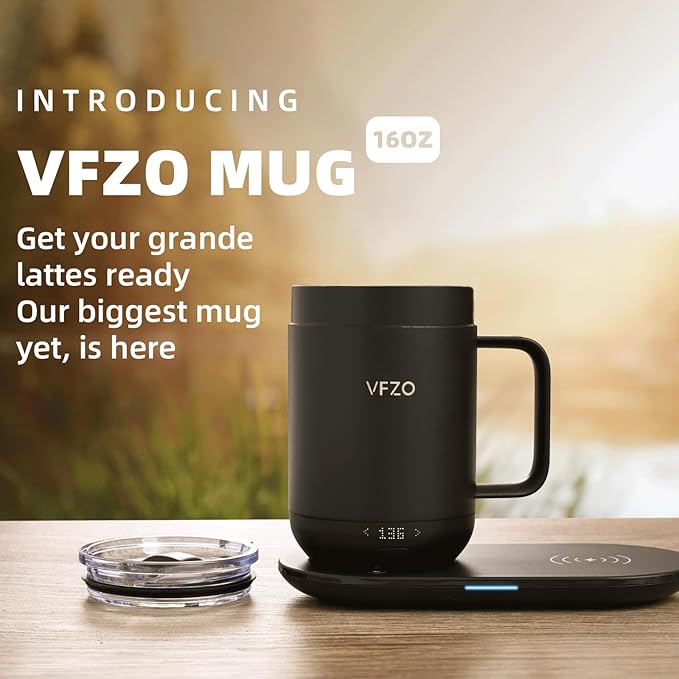 16Oz Temperature Control Smart Mug, Self Heating Coffee Mug LED Display, 180 Min Battery Life - Hot up to 149℉ Fast Wireless Charger Base Improved Design coffee serving sets mug(16oz, Black)