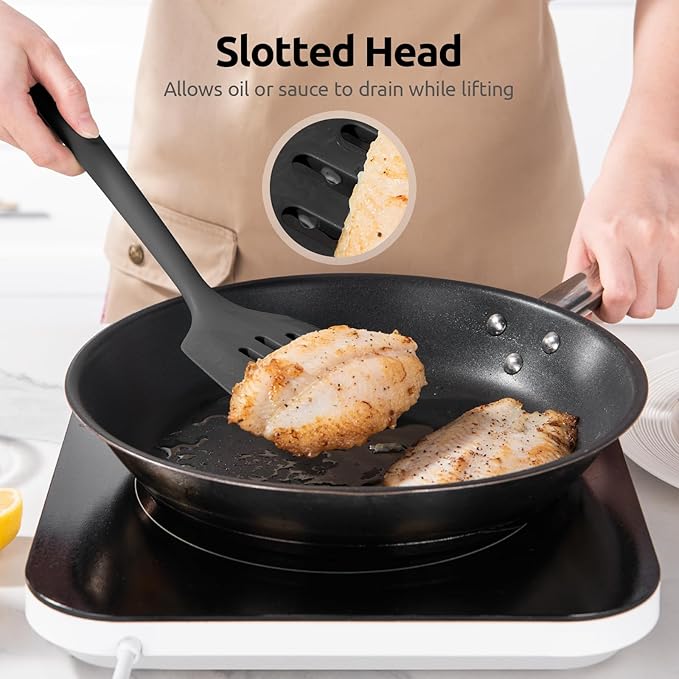 600ºF Heat Resistant Slotted Turner: U-Taste 13.6in Silicone Kitchen Spatula Flipper, 3.74in Wide Food Grade Flexible Thin Rubber Cooking Utensil for Egg, Pancake, Cookie in Nonstick Cookware (Black)