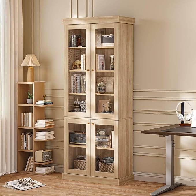 70.8" Tall Farmhouse Bookshelf, Modular Bookcase with Glass Doors, 6-Tier Adjustable Shelves, Large Storage Cabinet for Kitchen, Living Room, Brown, Set of 2