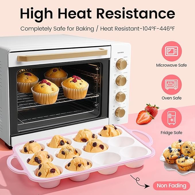 Silicone Muffin Pans for Baking 1 Pack, 2.6 Inch with Metal Reinforced Frame, Regular Size Nonstick Silicone Cupcake Pan for Baking Homemade Muffins, Cupcakes, Dishwasher Safe BPA Free-Pink